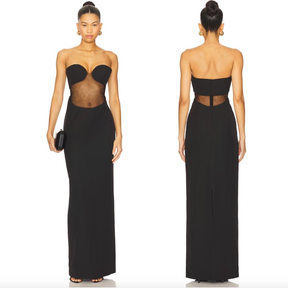 NEW NBD Jayla Gown in Black Strapless Mesh Cutout Sexy Maxi Dress Small S